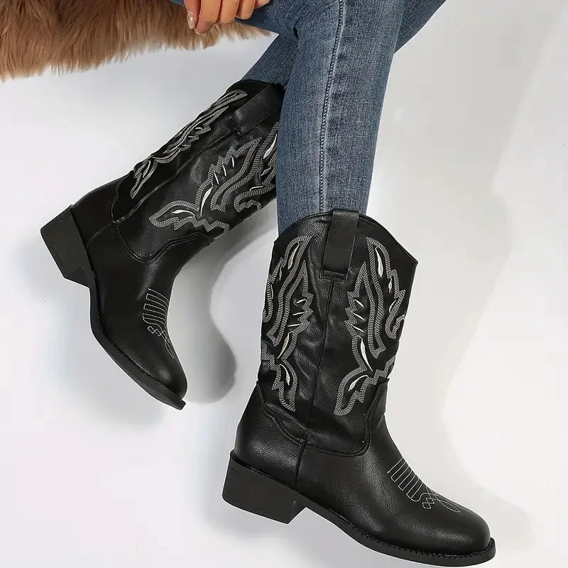 Women's Embroidered V Cut Cowboy Boots - Retro Style JahSonFire