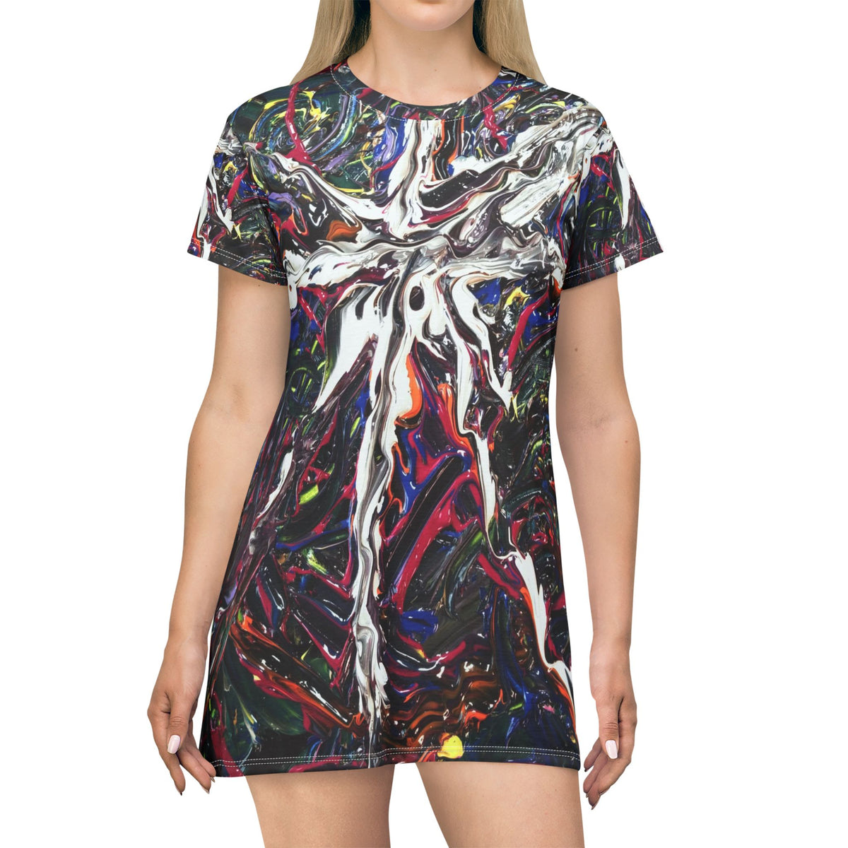 Abstract Paint Splash T‑Shirt Dress — Colorful Fluid Art AOP