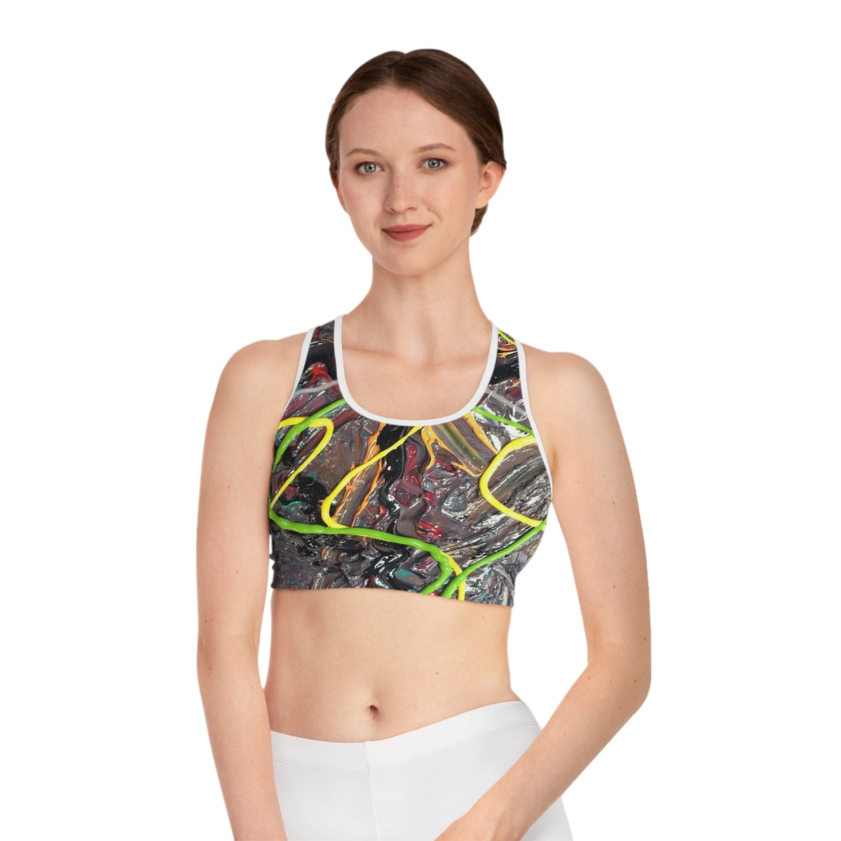 Abstract Neon Paint Sports Bra — Artistic All-Over-Print Activewear Printify