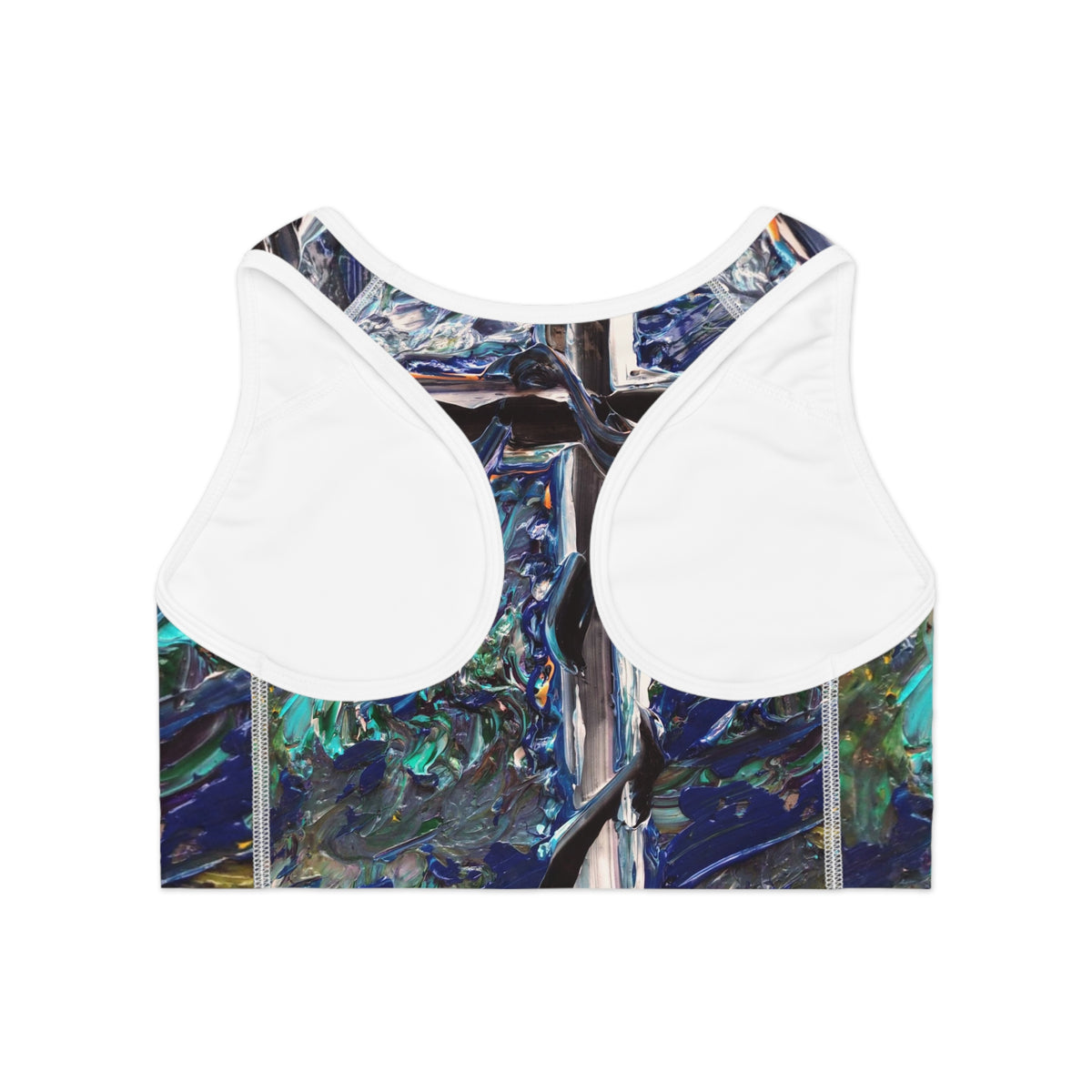 Abstract Ocean Paint Sports Bra — Blue Green Textured All-Over-Print Activewear