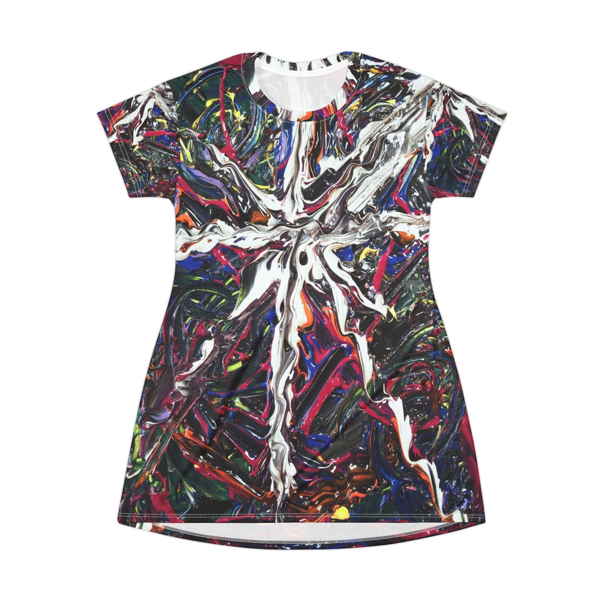 Abstract Paint Splash T‑Shirt Dress — Colorful Fluid Art AOP