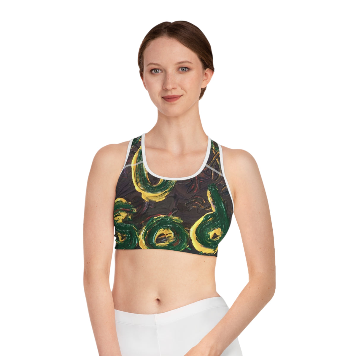 Green Gold Abstract Sports Bra — Bold Swirl All-Over Print Activewear