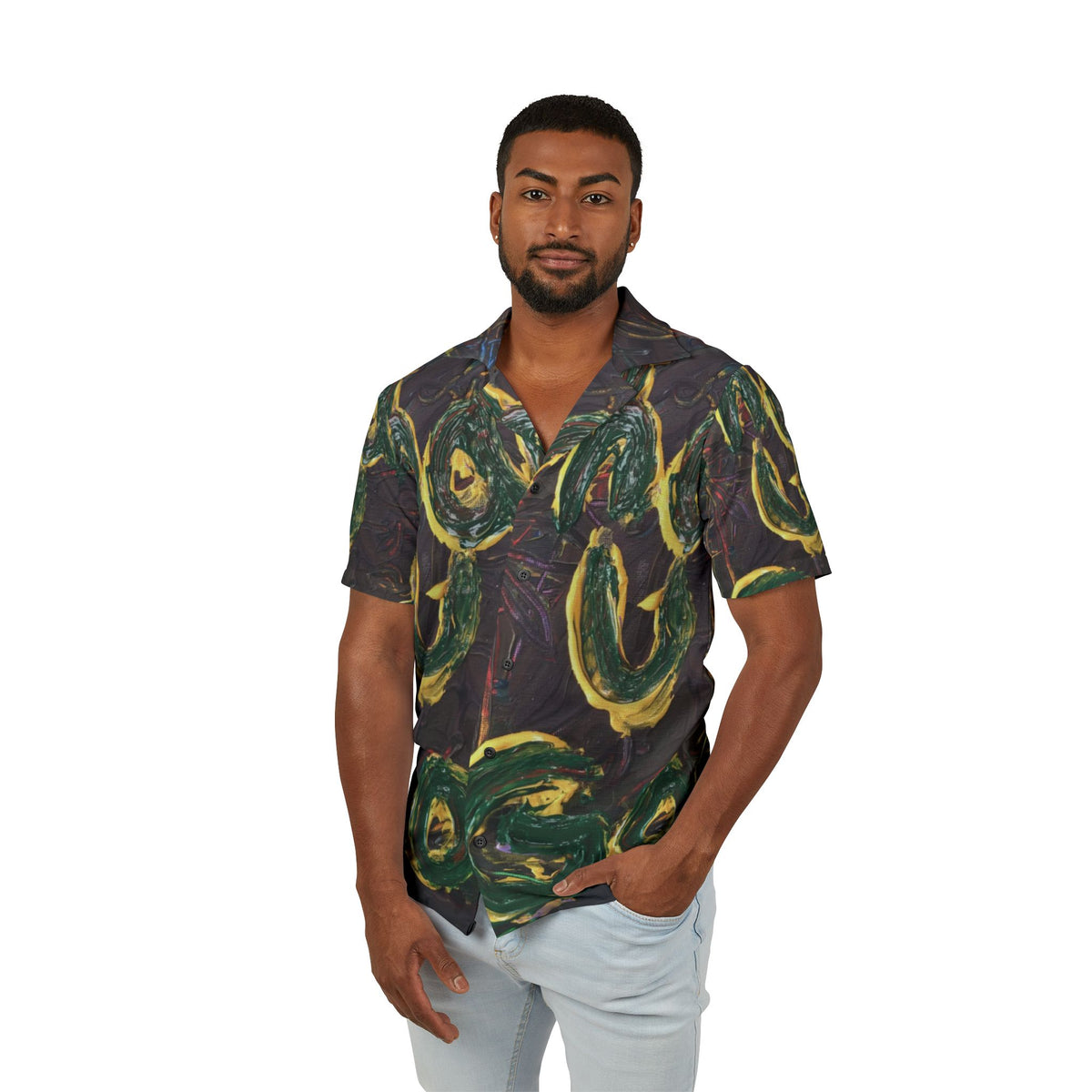 Tropical Abstract Hawaiian Shirt — Green Banana Wave Camp Shirt