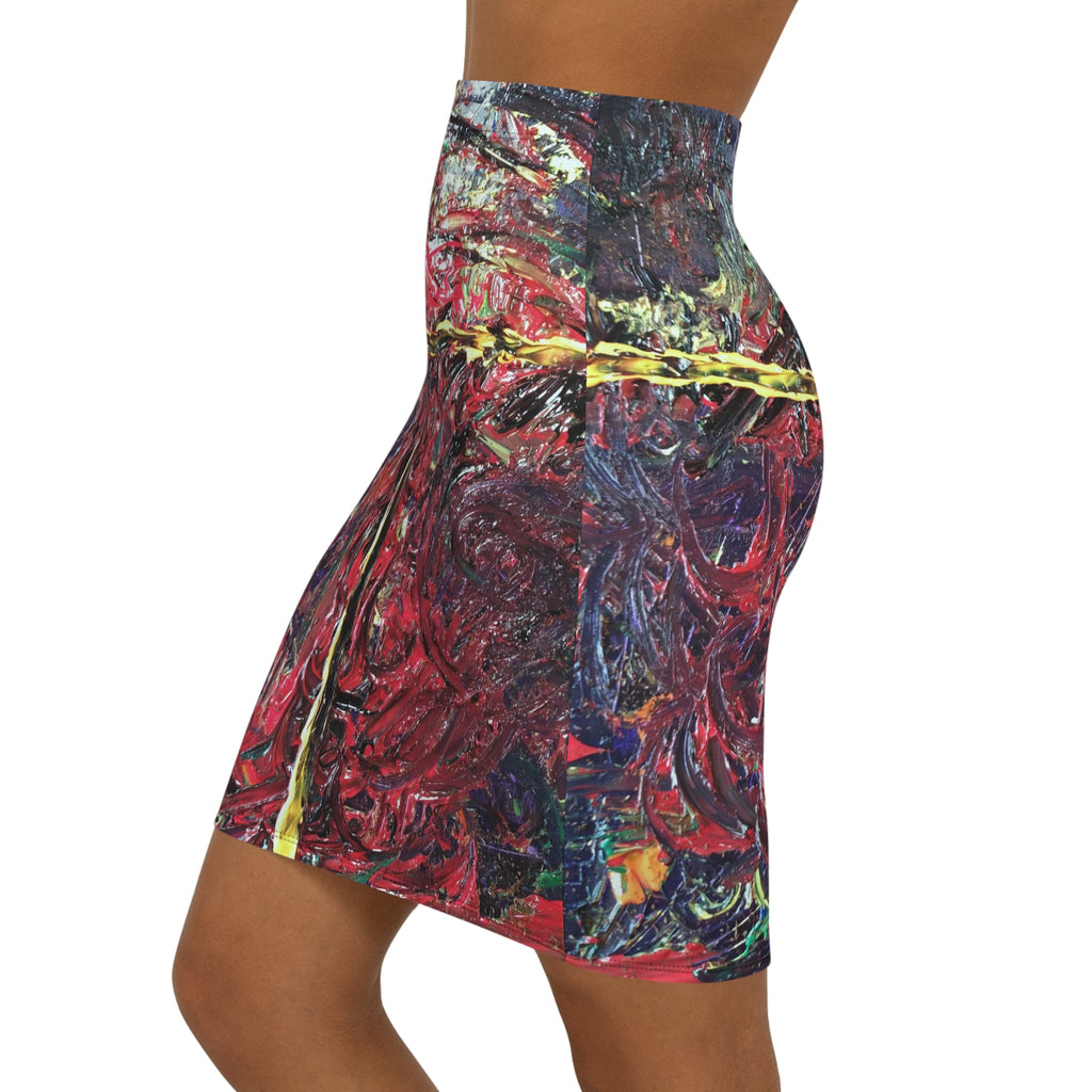 Abstract Red Swirl Pencil Skirt — Artistic Mid‑Waist Bodycon Print