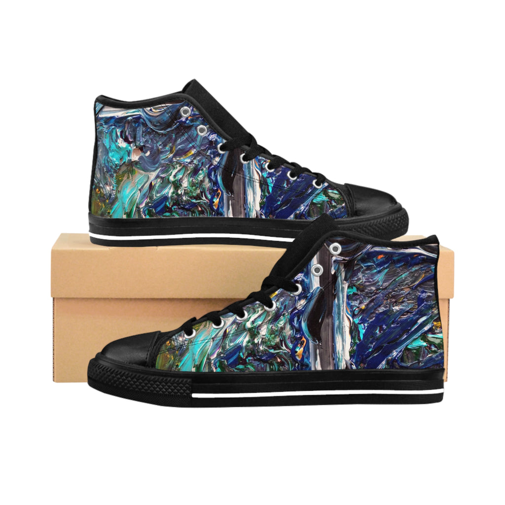 Abstract Ocean Wave High-Top Sneakers — Women's Artistic Blue Marble Design