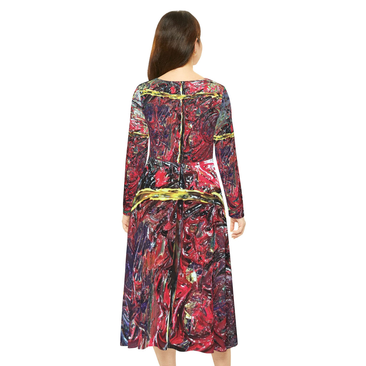 Abstract Red Swirl Long Sleeve Dance Dress – Artistic AOP Circle Skirt