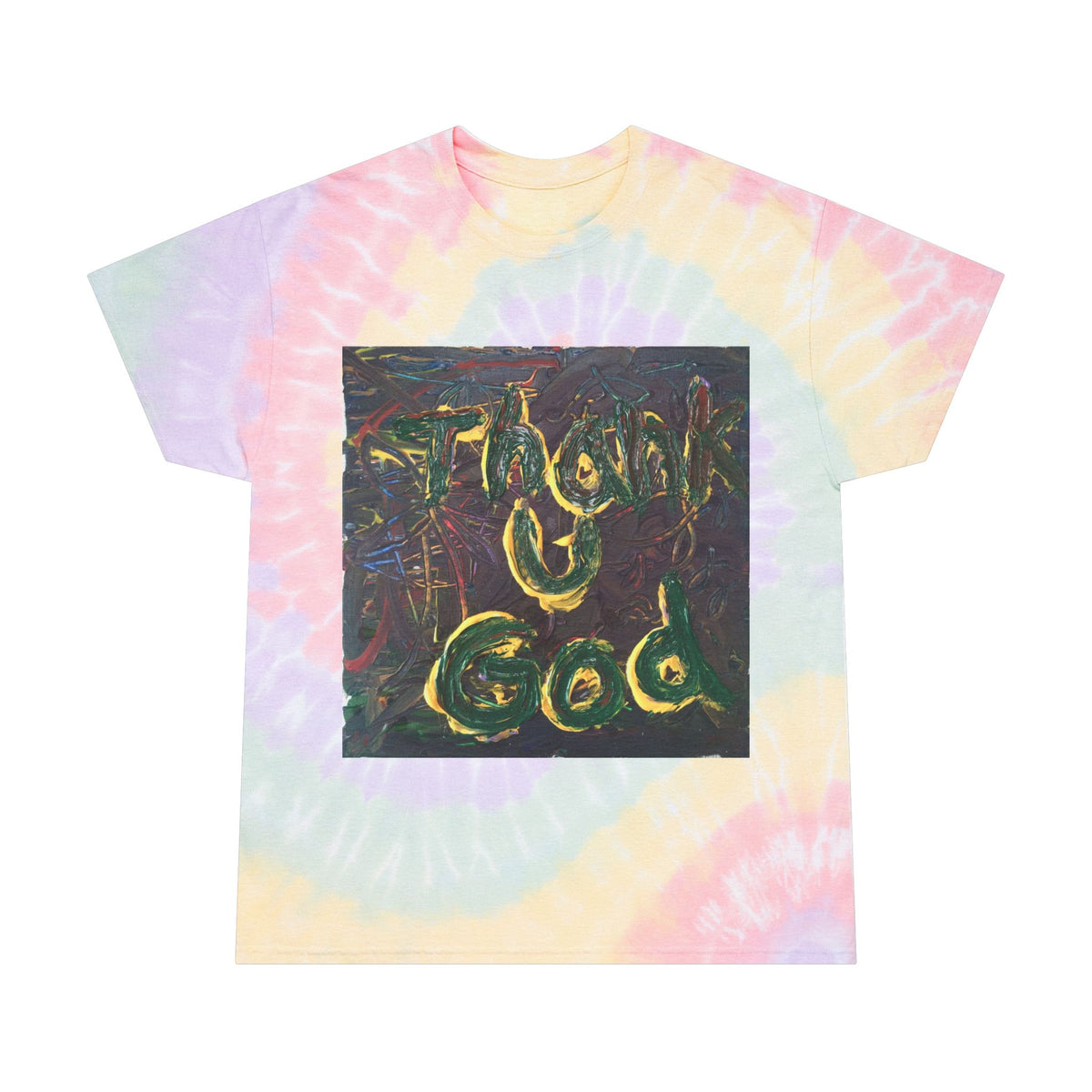Tie-Dye Spiral Tee - "Thank God" Retro Pastel Graphic T-Shirt