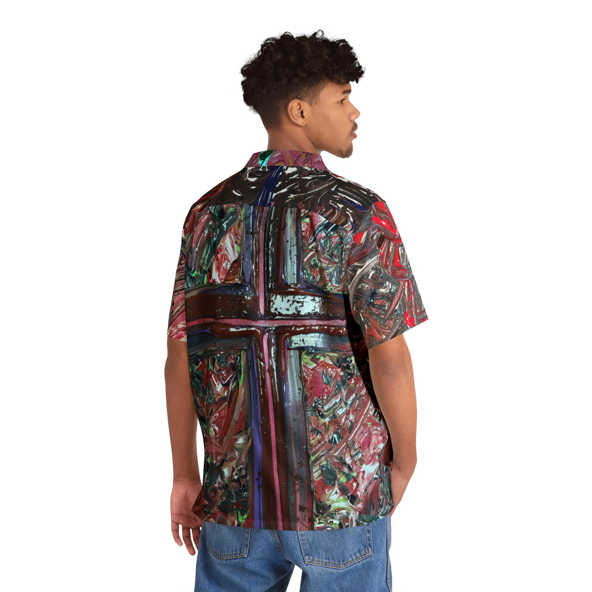 Abstract Cross Print Hawaiian Shirt — Bold Artistic AOP Button-Up for Men