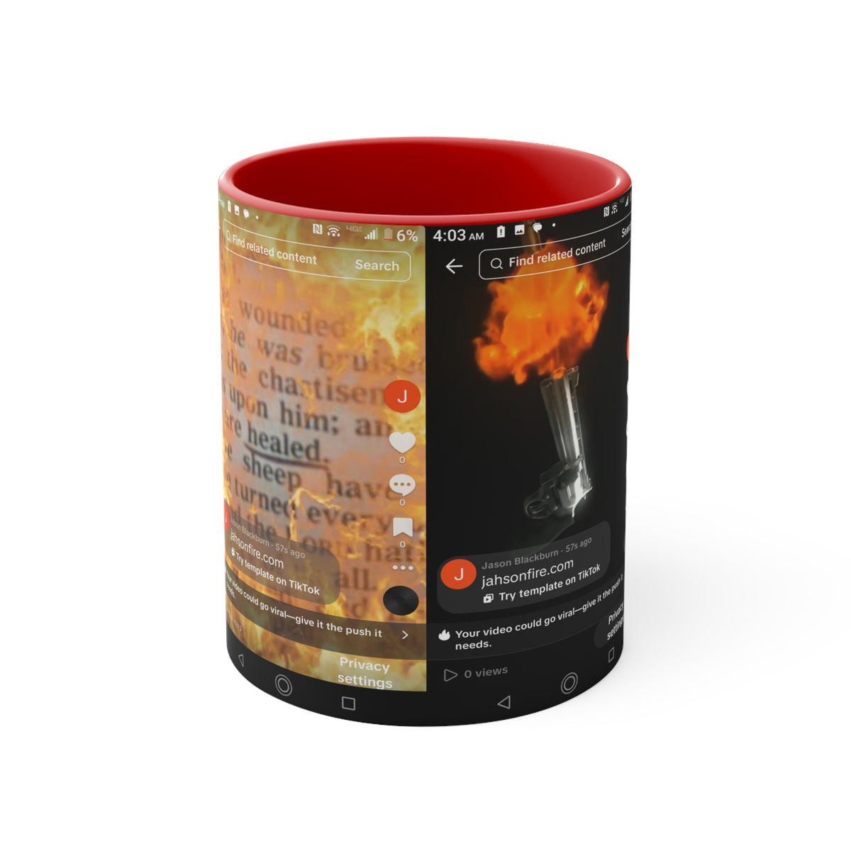 Pink Accent Mug with Fiery Lighter & Script Collage – Artistic Photo Wrap Coffee Cup