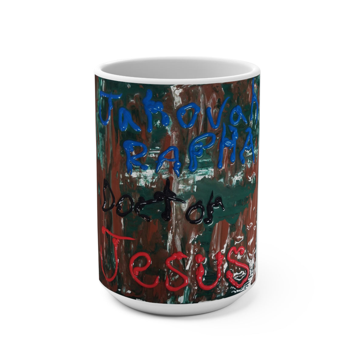 15oz Christian Faith Mug — 'Jesus' Colorful Abstract Prayer Design