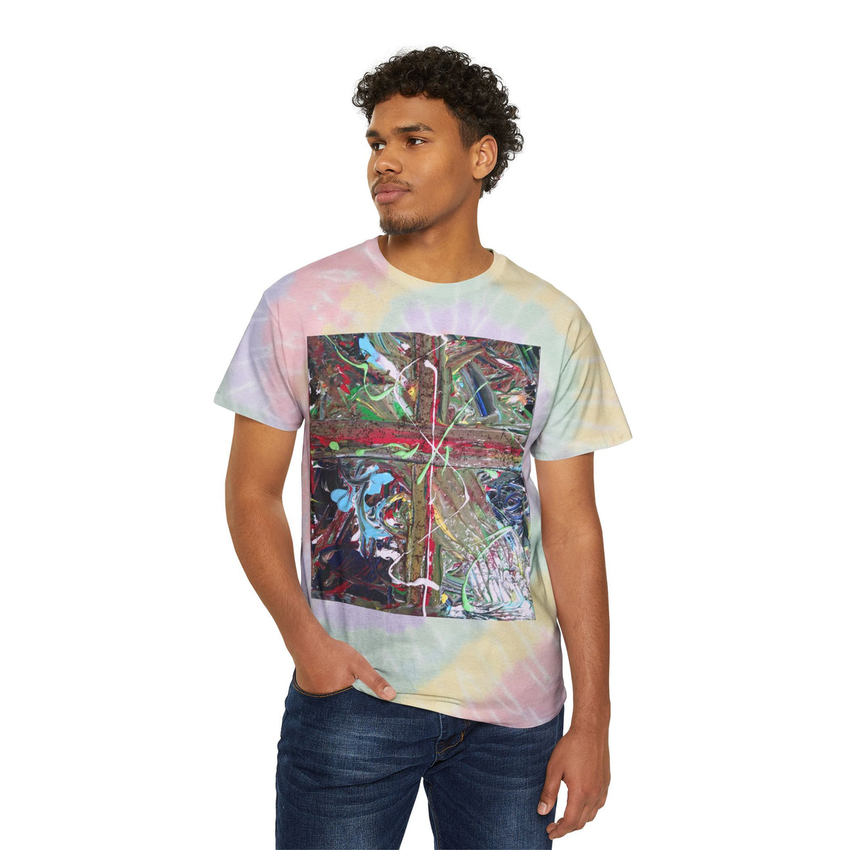 Tie-Dye Spiral T-Shirt with Abstract Paint Square