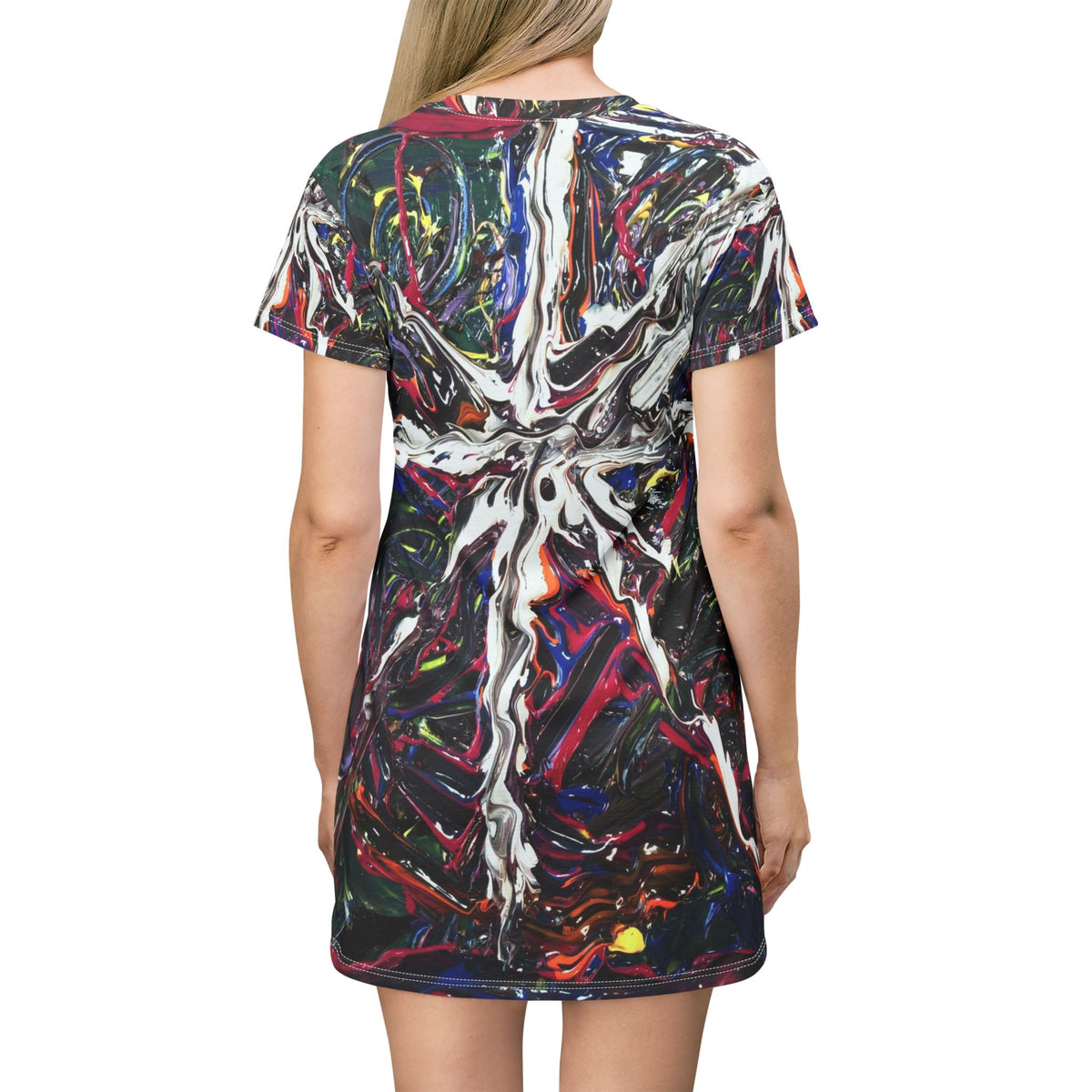 Abstract Paint Splash T‑Shirt Dress — Colorful Fluid Art AOP