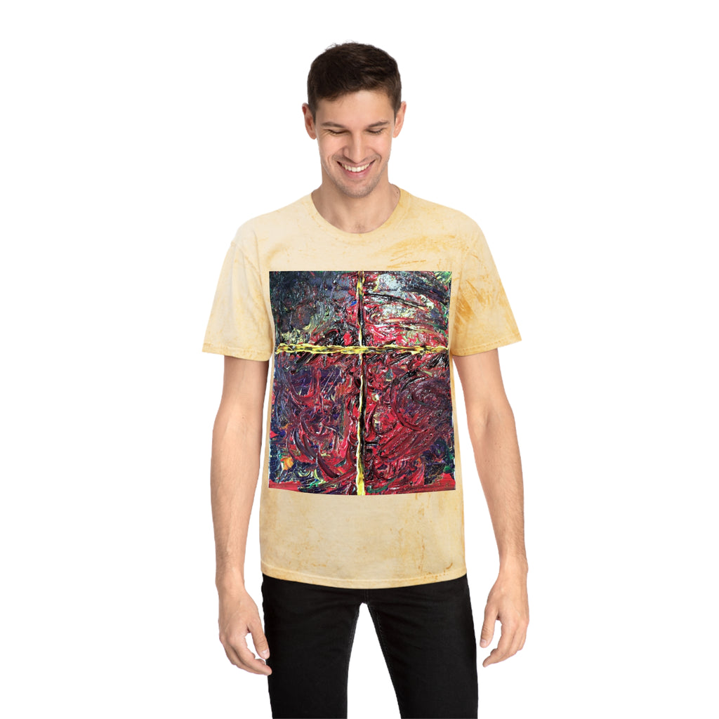 Abstract Color Blast T-Shirt — Textured Red Cross Art Tee