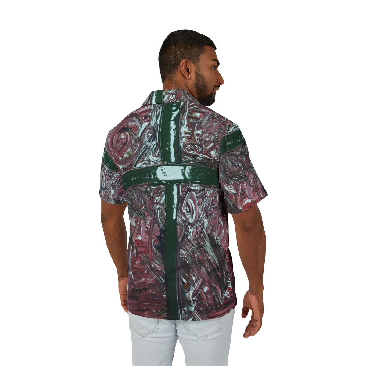 Hawaiian Camp Shirt — Abstract Maroon & Green All-Over Print