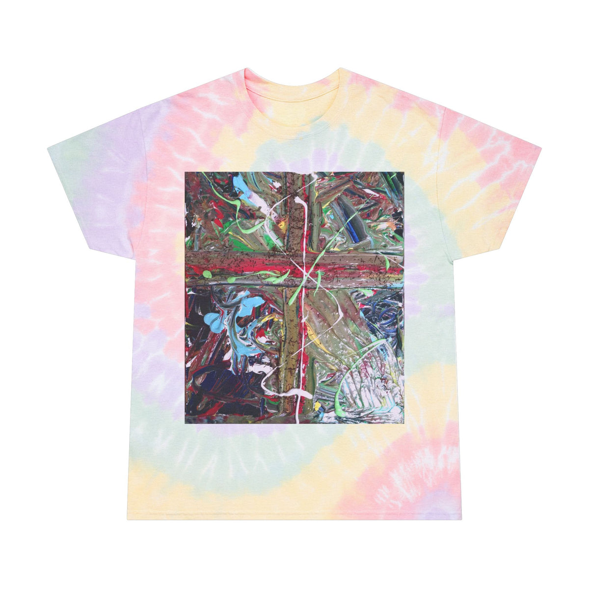 Tie-Dye Spiral T-Shirt with Abstract Paint Square
