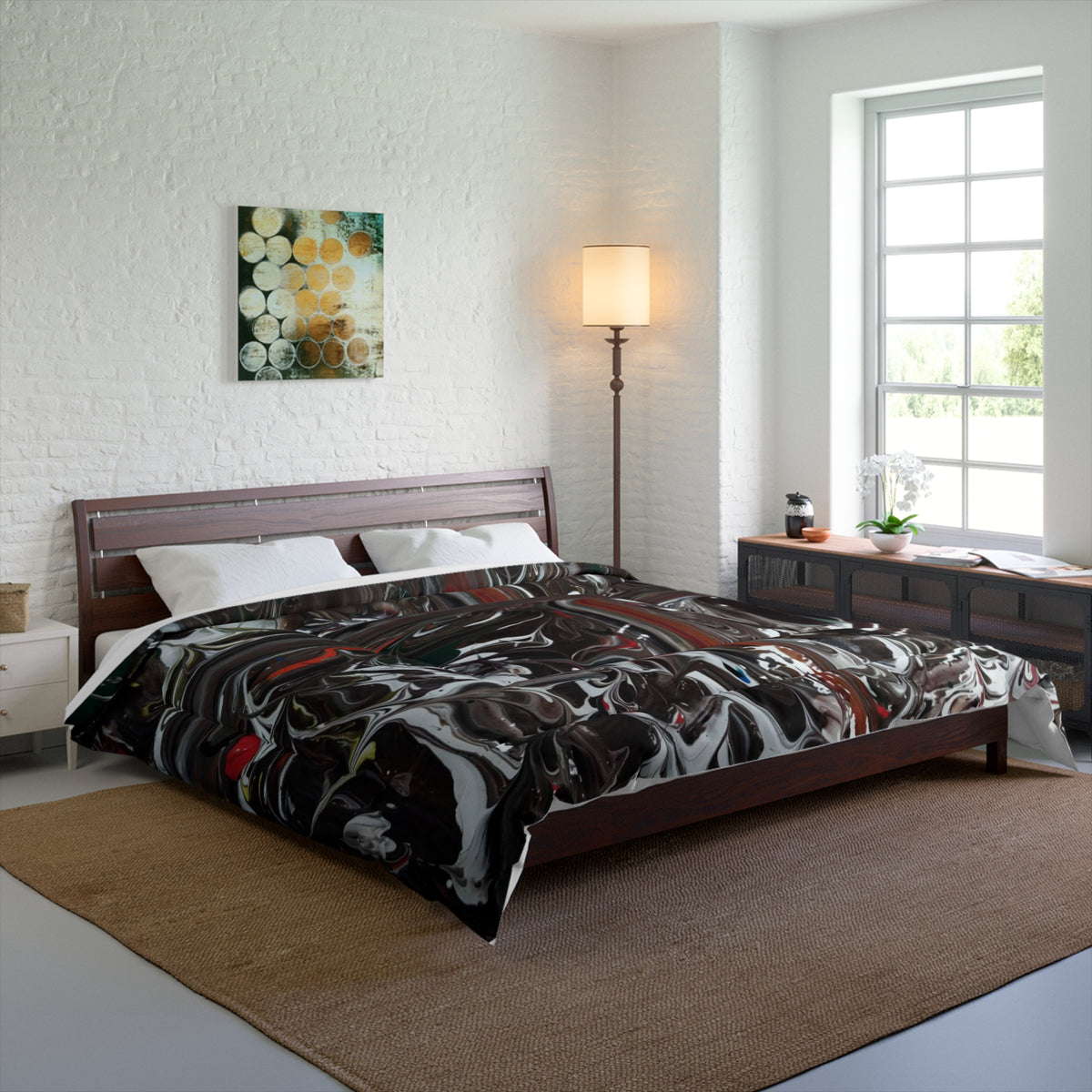 Abstract Noir Swirl Comforter — Dark Marbleized Bedding