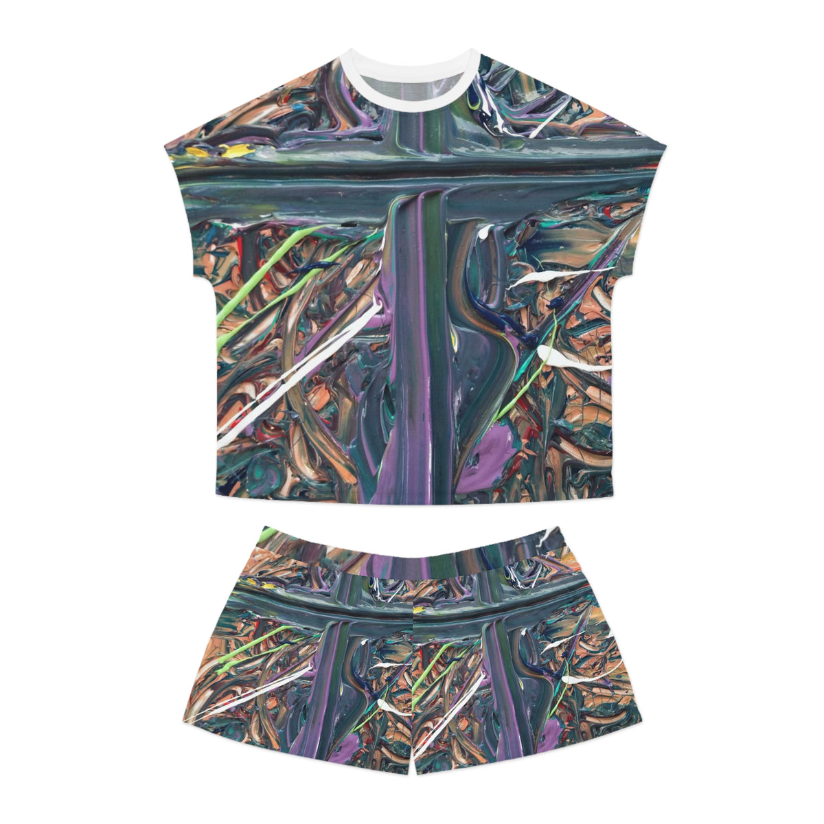 Women's Short Pajama Set — Abstract Oil Paint Swirl Print