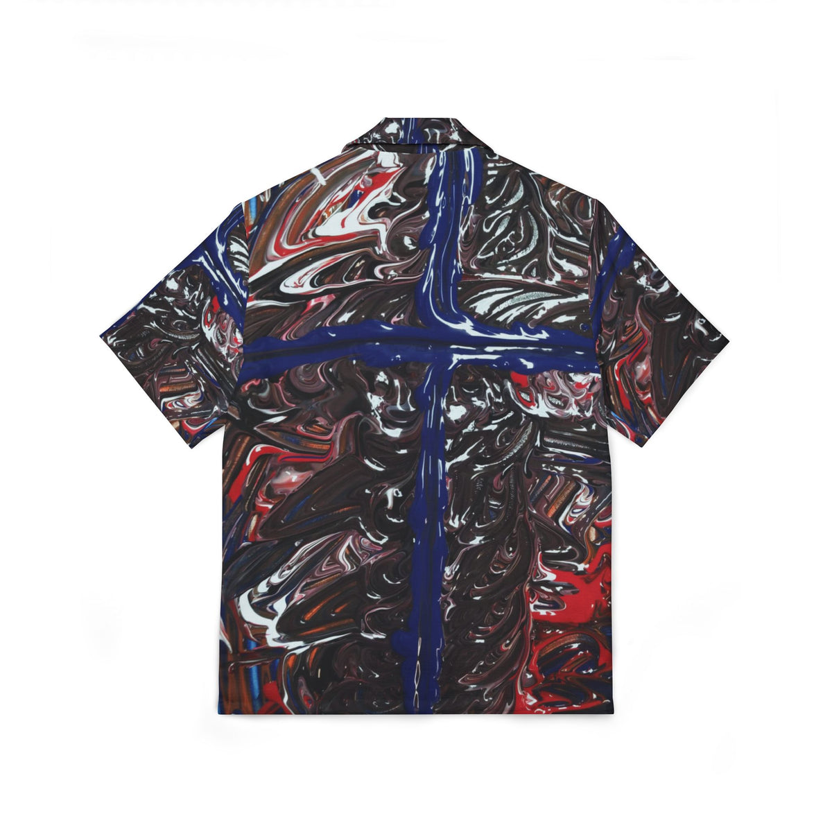 Men's Abstract Cross Hawaiian Camp Shirt — Red, Black & Blue Swirl AOP