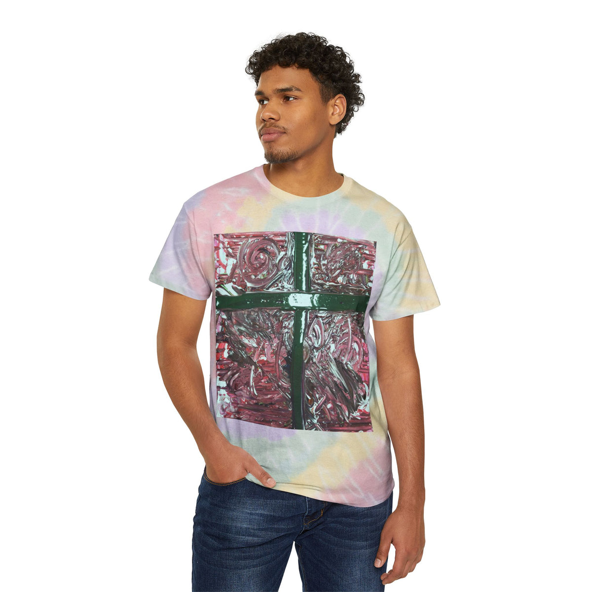 Pastel Spiral Tie-Dye Tee with Abstract Cross Art — Retro Boho Graphic T-Shirt