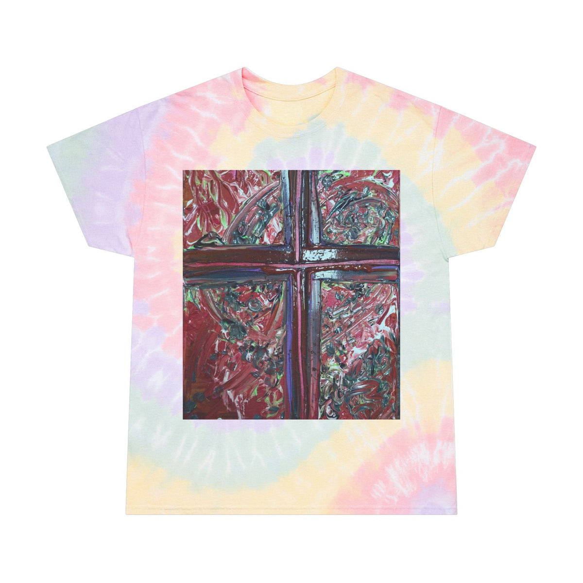 Spiral Tie-Dye Tee with Abstract Cross Art — Pastel Retro Graphic T-Shirt