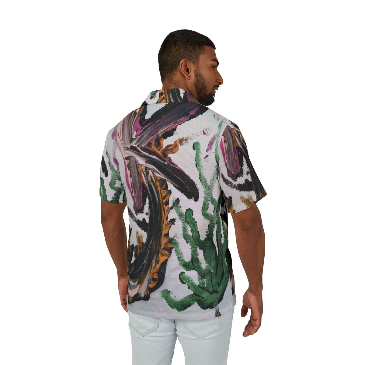 Abstract Tropical Hawaiian Camp Shirt — Painterly Cactus & Brushstroke Print