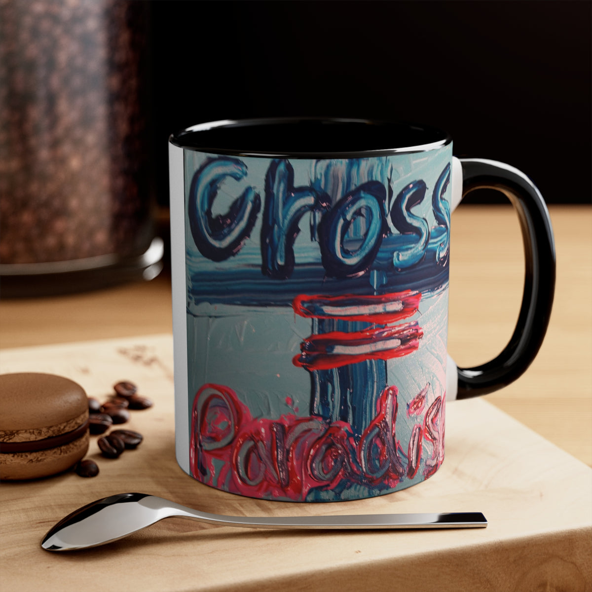 Accent Pink Interior Mug — 'Cross = Paradise' Handpainted Typography Coffee Mug