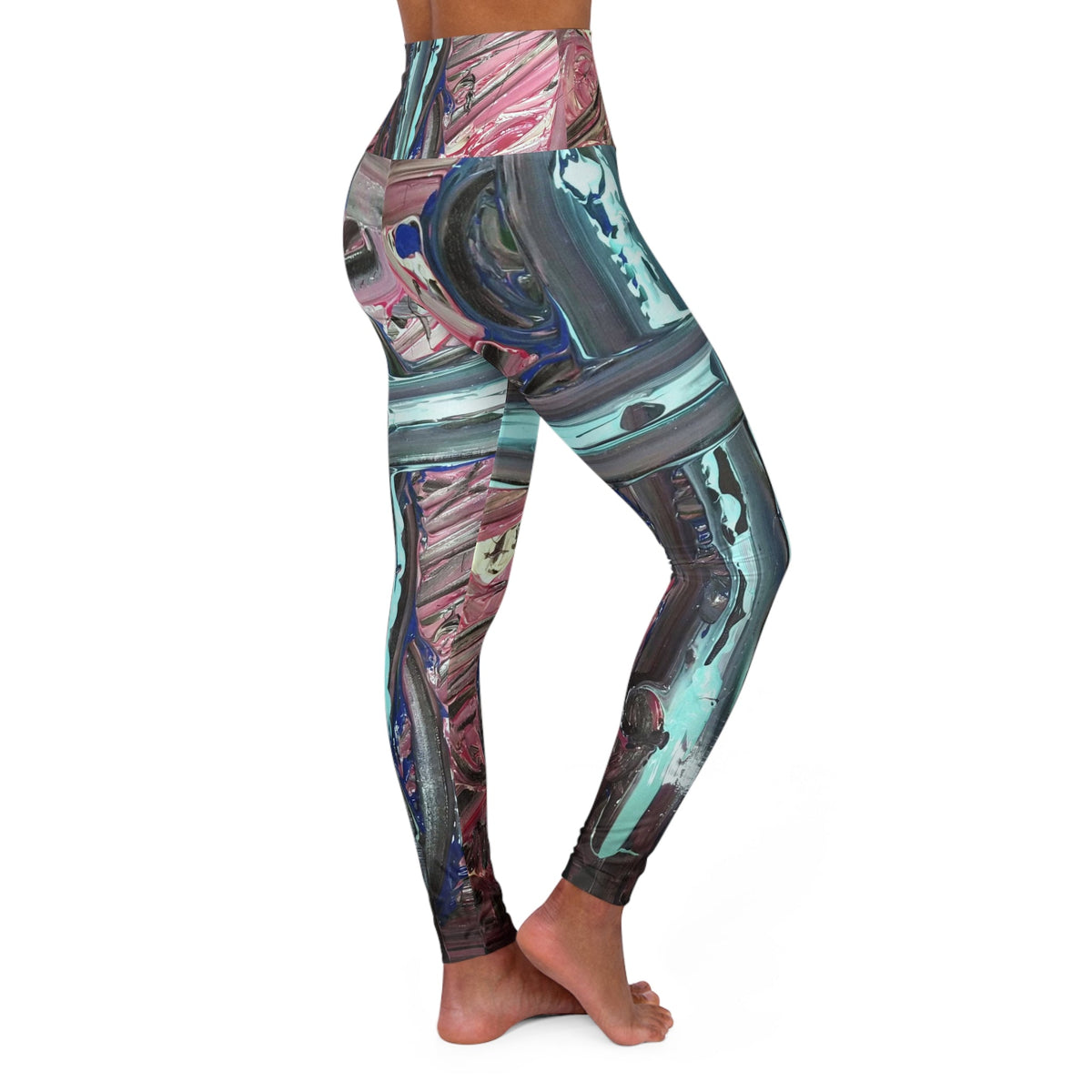 Abstract Marble High-Waist Yoga Leggings — Teal Pink Swirl All-Over Print Printify