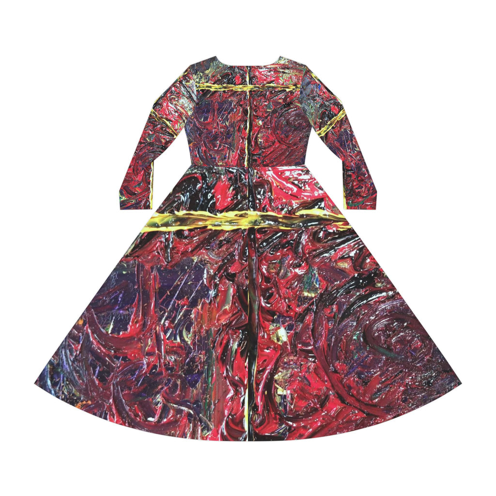 Abstract Red Swirl Long Sleeve Dance Dress – Artistic AOP Circle Skirt
