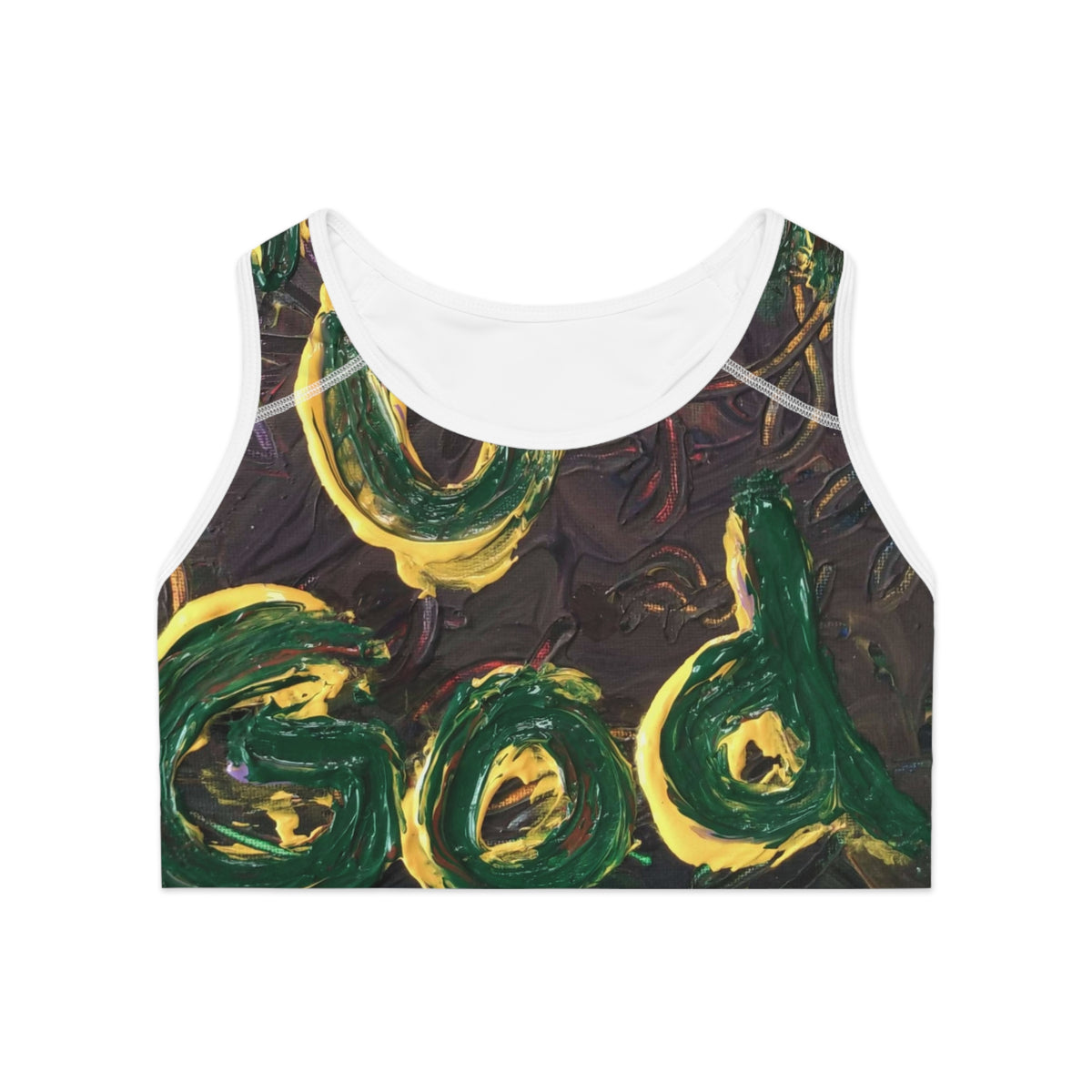 Green Gold Abstract Sports Bra — Bold Swirl All-Over Print Activewear