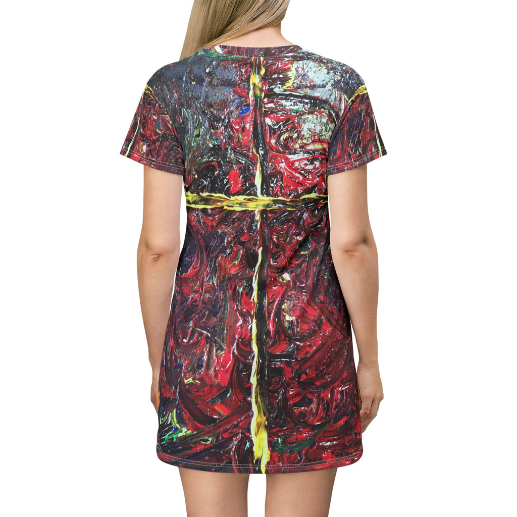 Abstract Cross T-Shirt Dress — Bold Red Textured All-Over Print