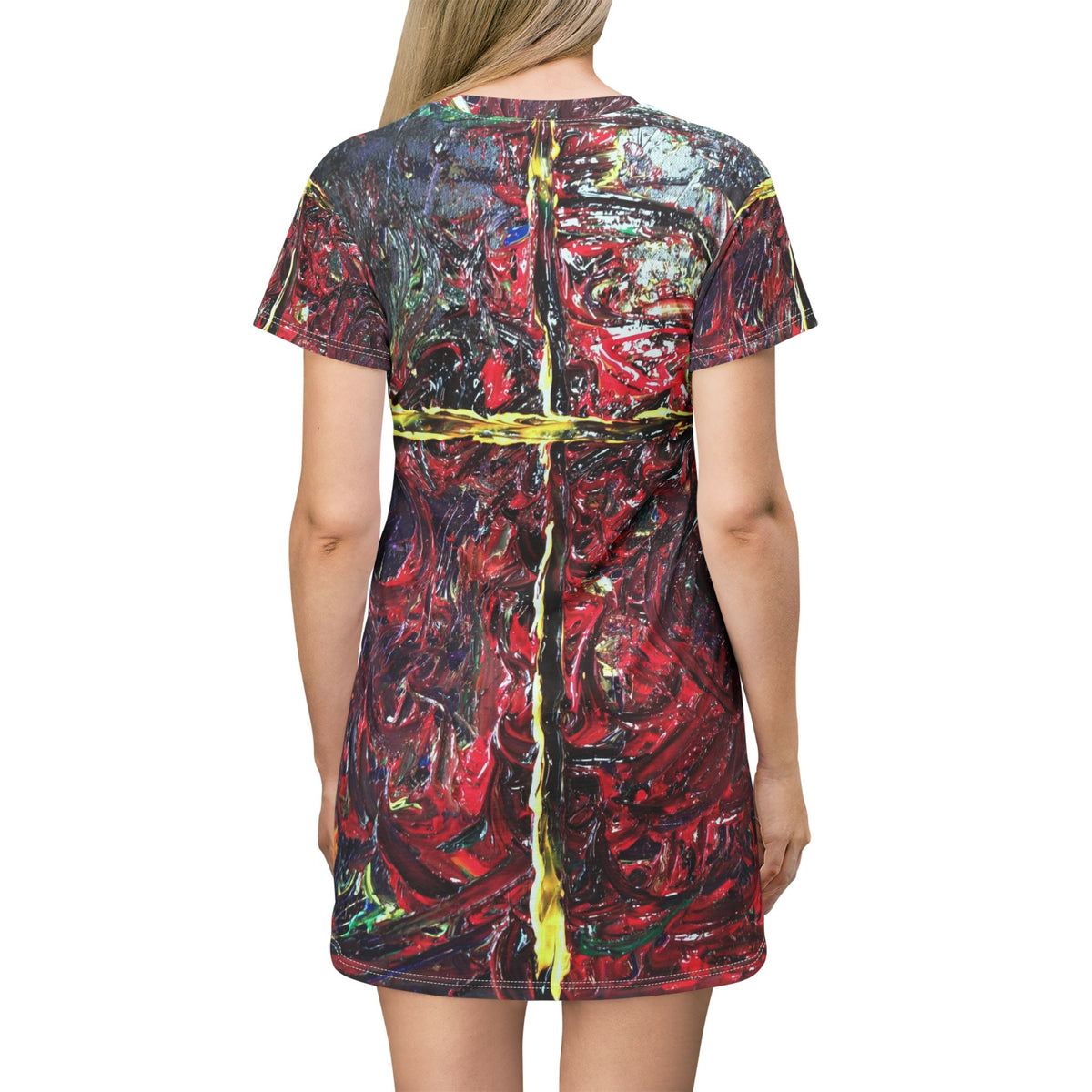 Abstract Cross T-Shirt Dress — Bold Red Textured All-Over Print