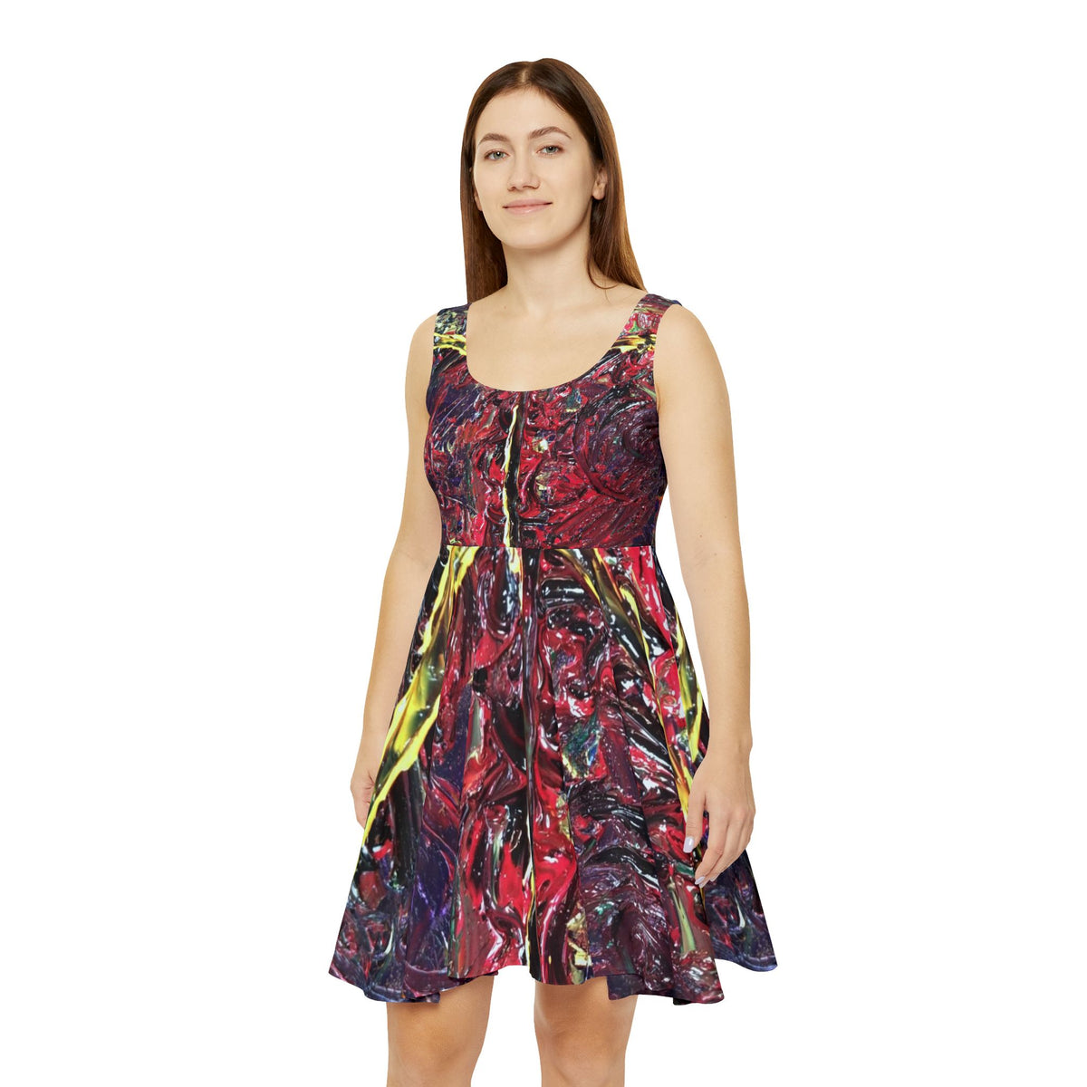 Abstract Red Swirl Skater Dress — Artistic All-Over Print