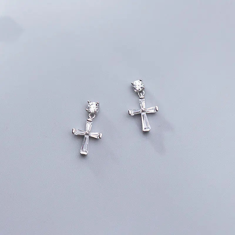 S925 Silver Cross Stud Earrings with Diamonds for Women JahSonFire