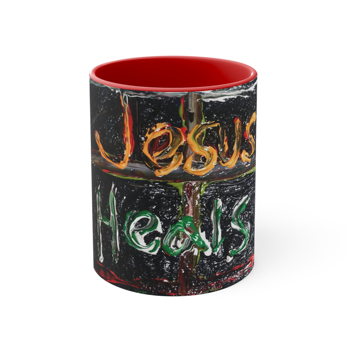 Jesus Heals Accent Mug — Inspirational Christian Coffee Cup (Pink Interior)