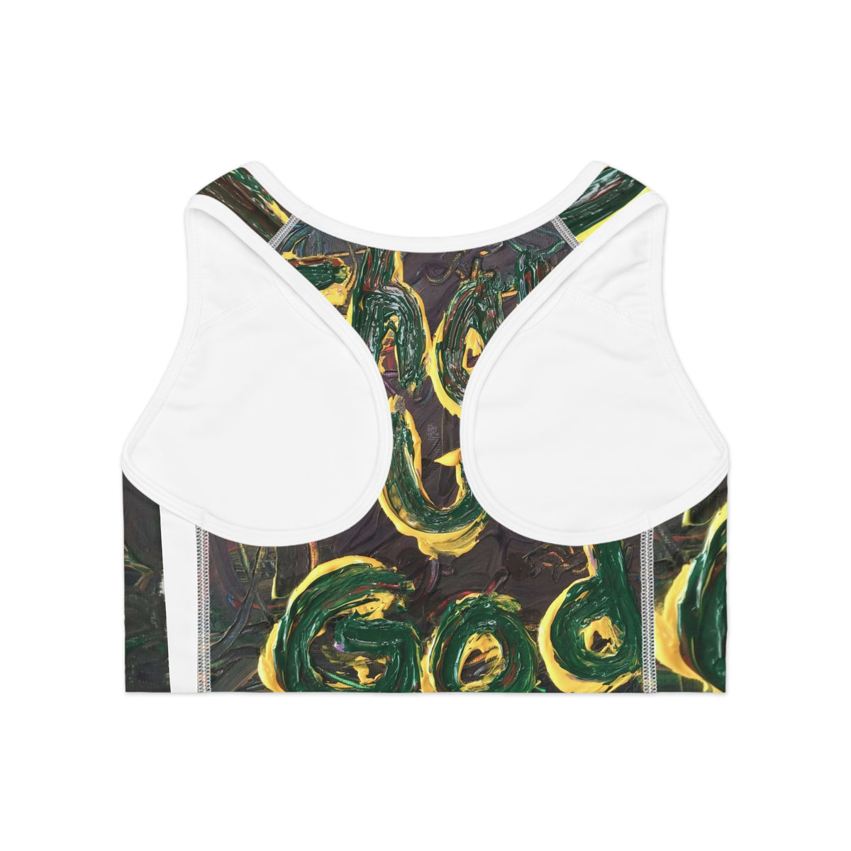 Green Gold Abstract Sports Bra — Bold Swirl All-Over Print Activewear