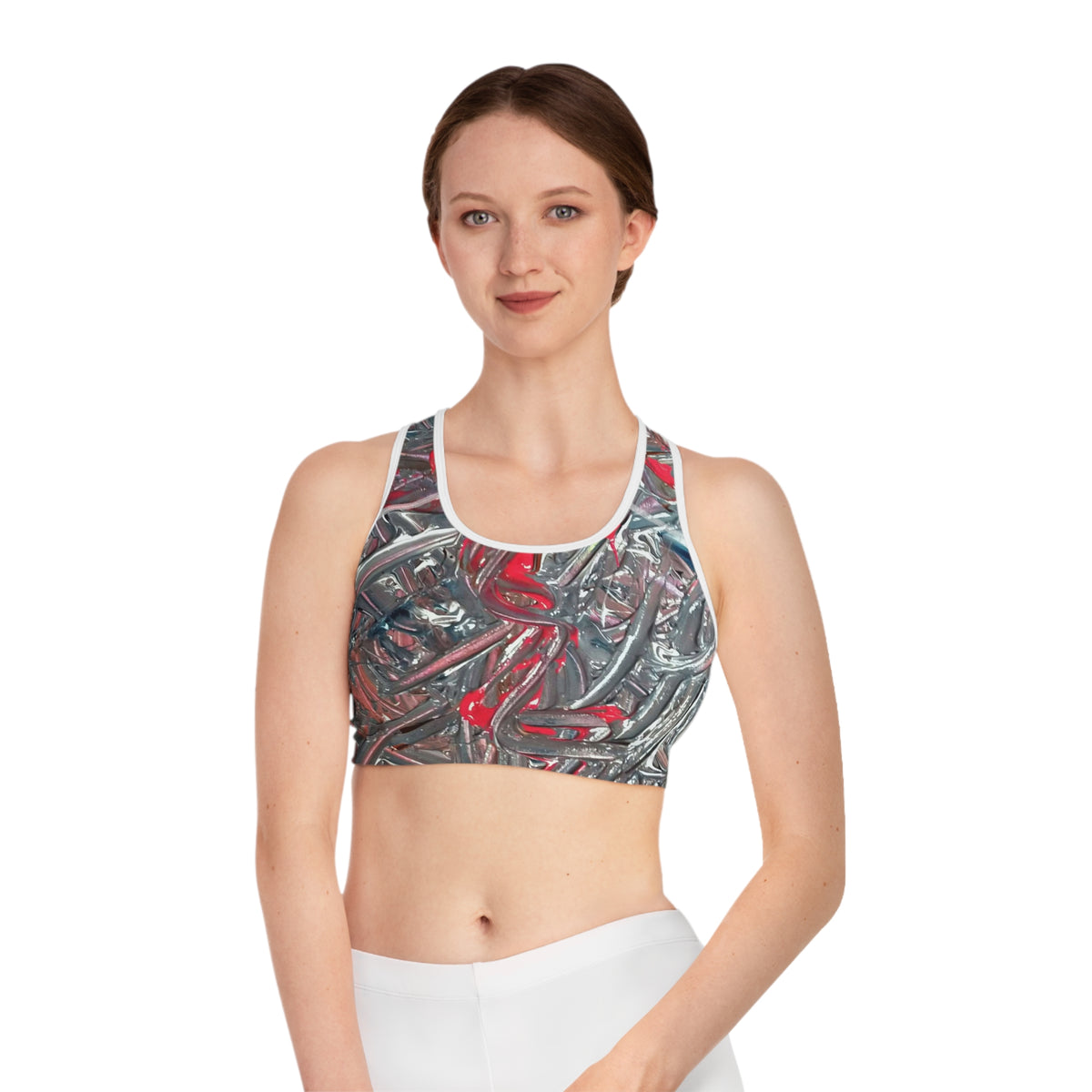 Abstract Red & Silver Athletic Sports Bra – All-Over Print