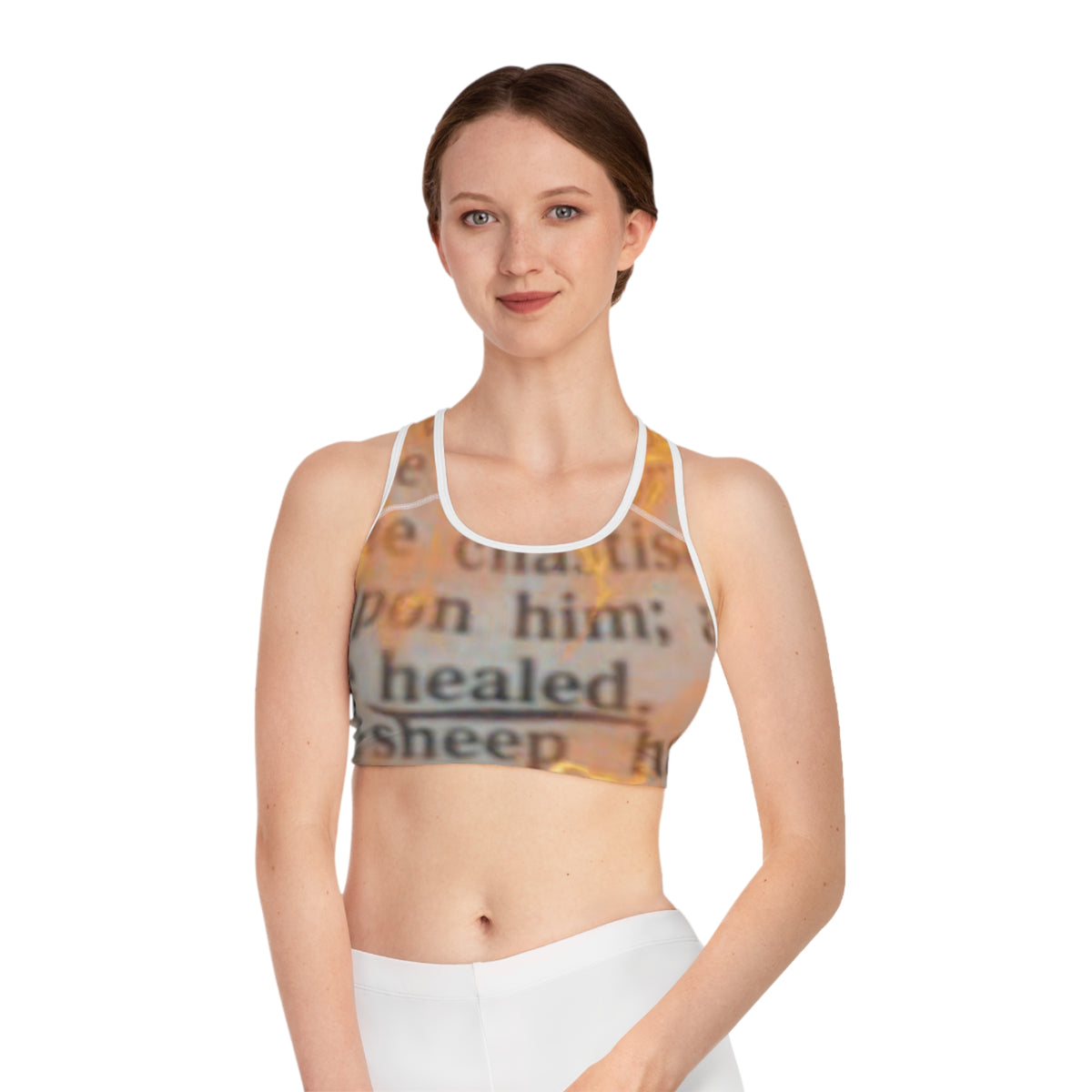 Inspirational Scripture Sports Bra — "Healed" AOP Activewear