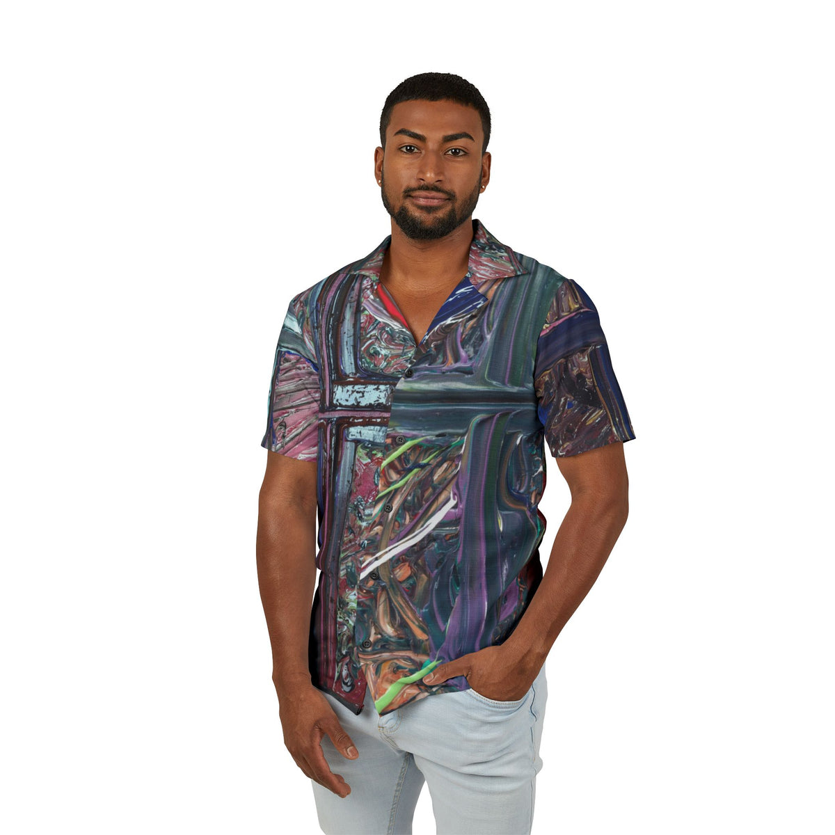 Abstract Cross Hawaiian Shirt — Men's Artistic Camp Button-Up