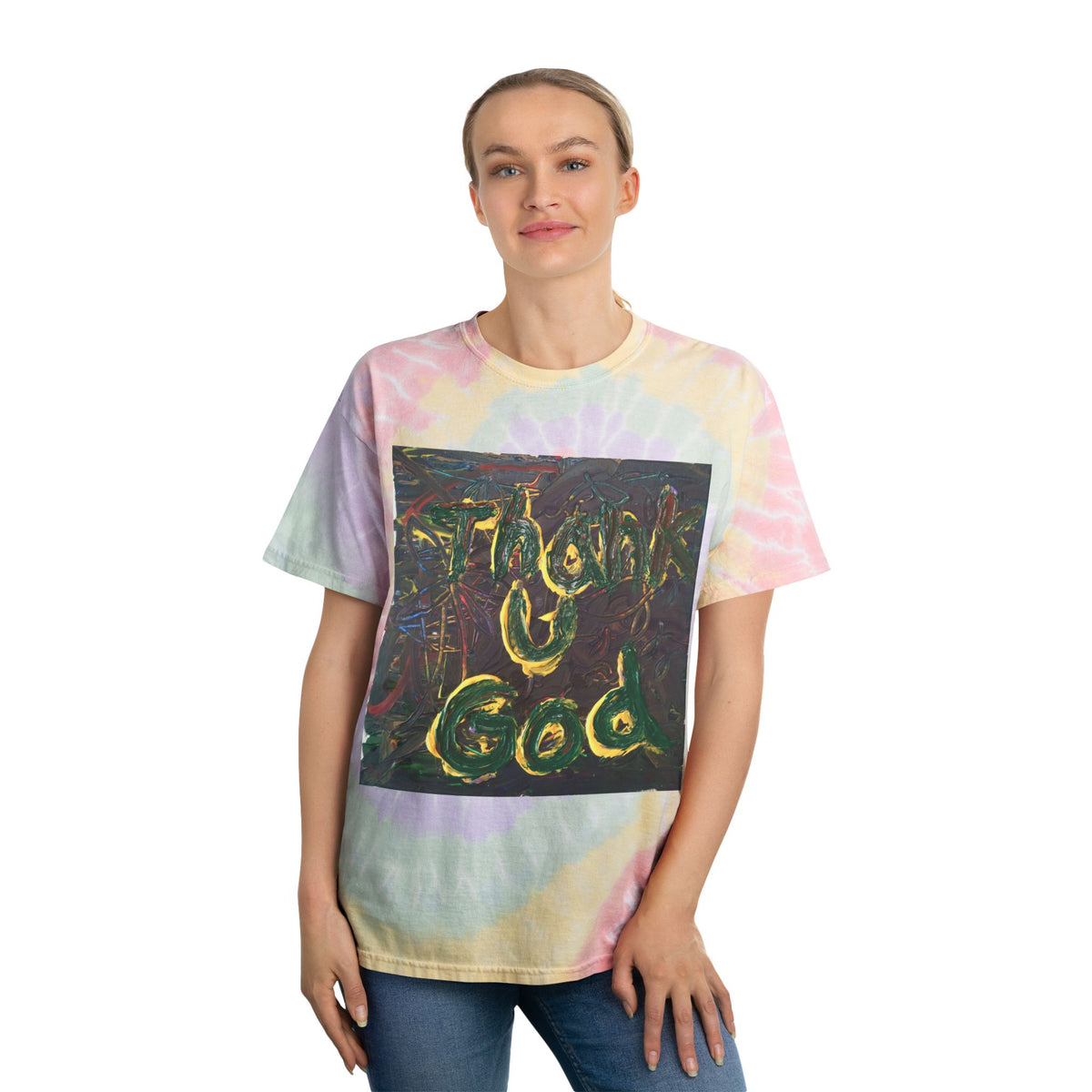 Tie-Dye Spiral Tee - "Thank God" Retro Pastel Graphic T-Shirt