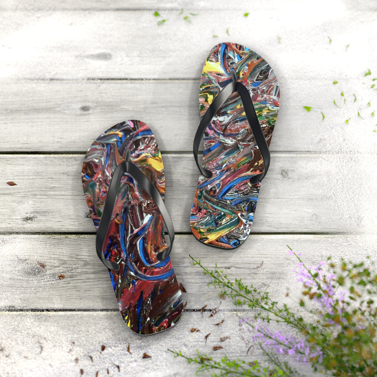 Abstract Paint Swirl Flip Flops — Colorful Artistic Beach Sandals