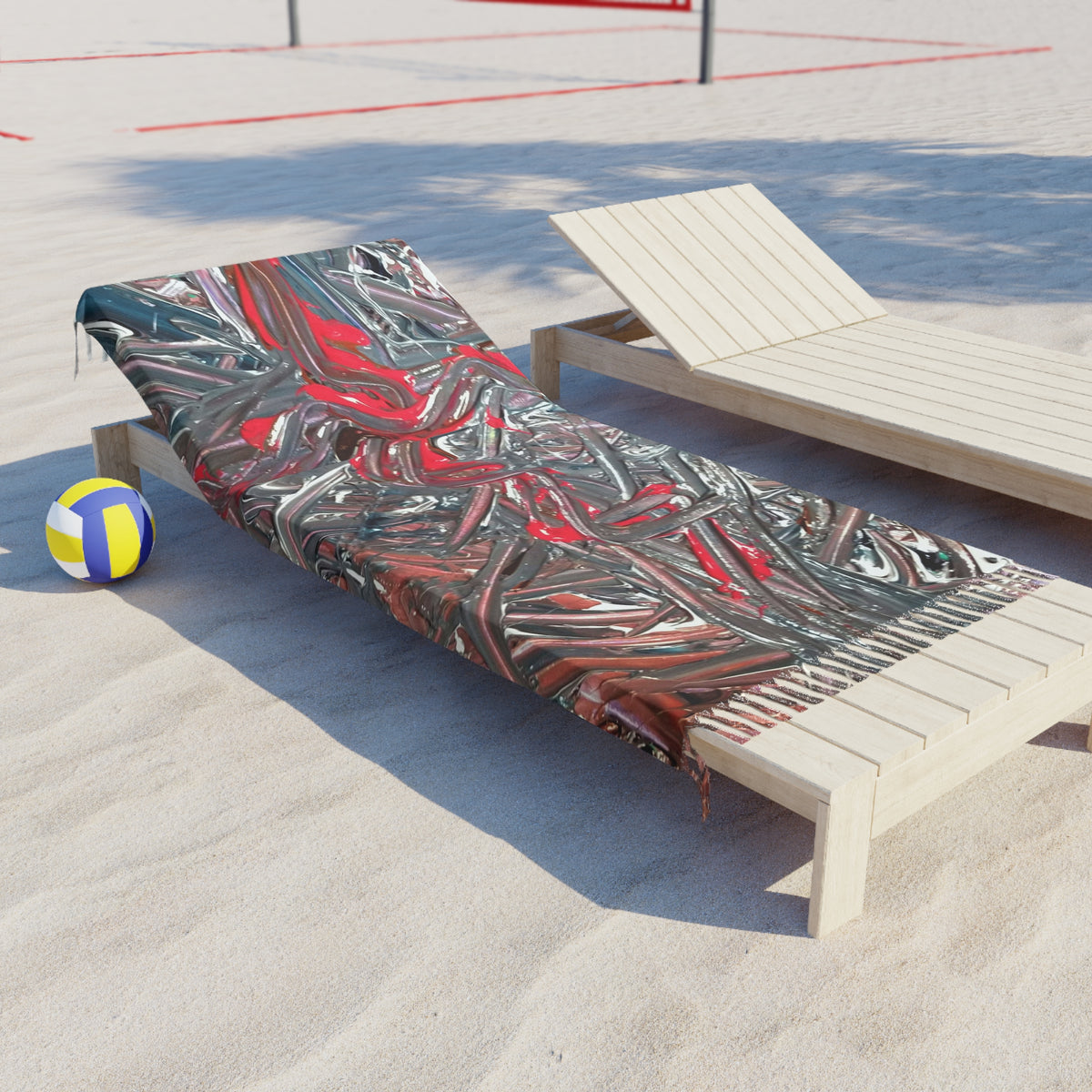 Boho Beach Towel — Abstract Red & Gray Textured Fringe Beach Cloth