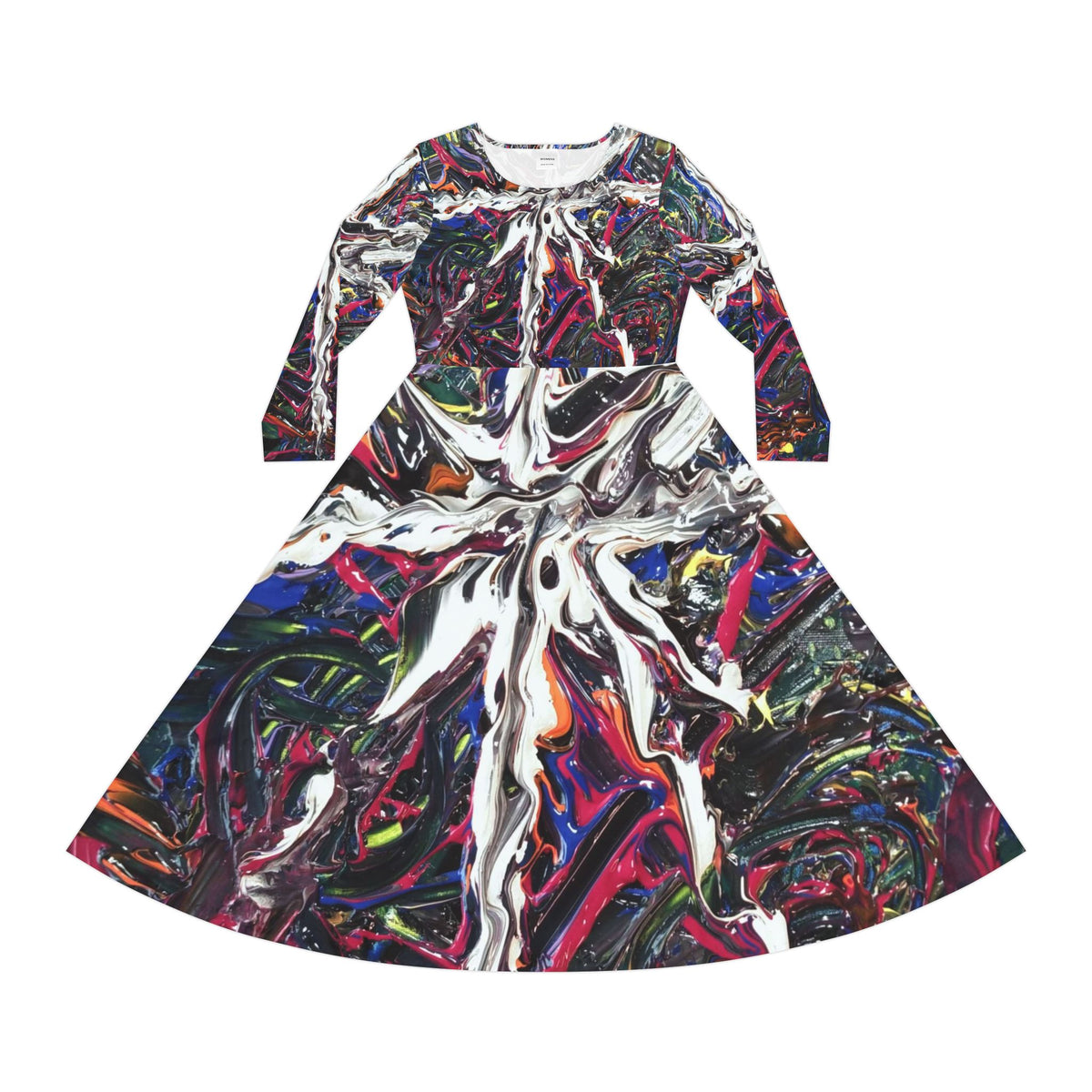 Abstract Swirl Long-Sleeve Dance Dress – Vibrant All-Over Print