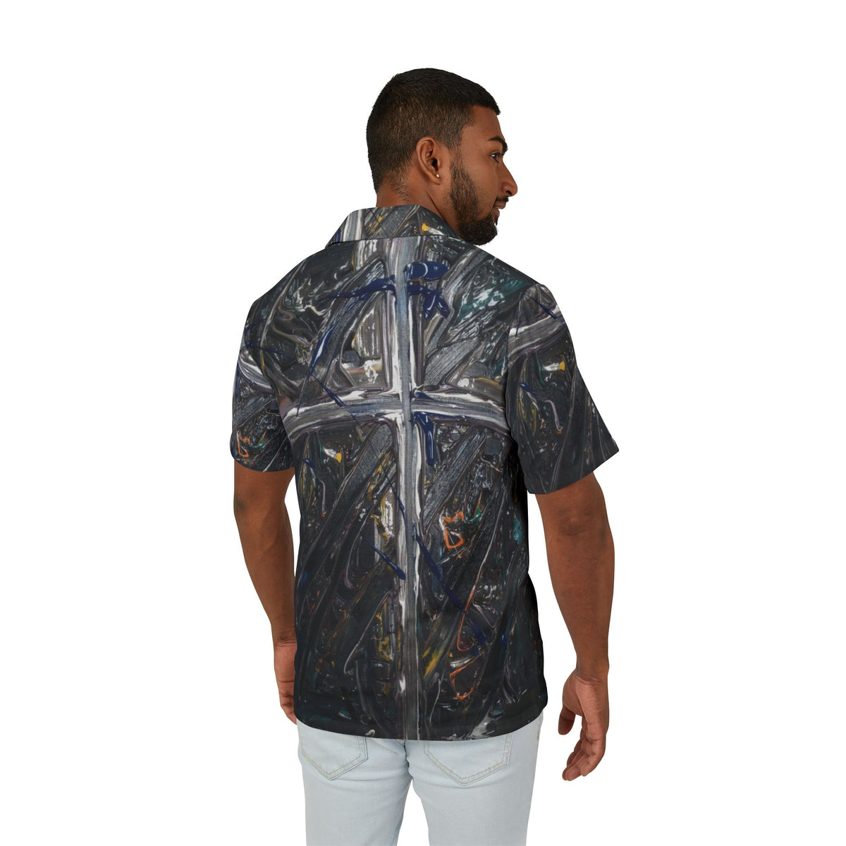 Men's Abstract Black Paint-Swipe Hawaiian Camp Shirt