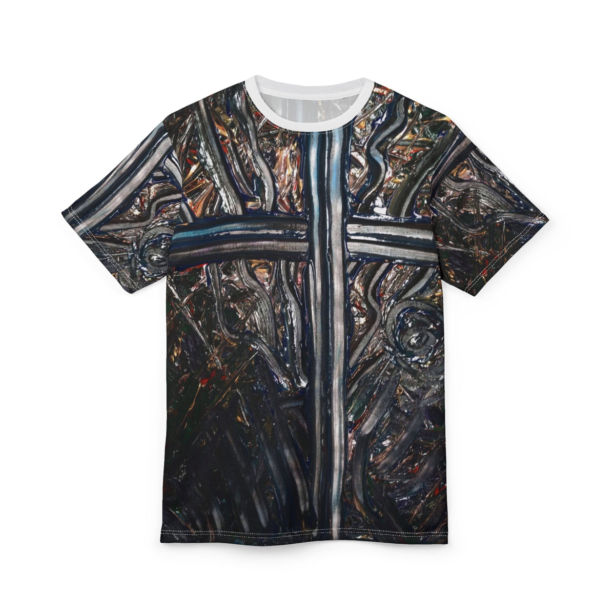 Cross-Fusion Graphic Tee — Abstract Metallic Cross All-Over Print