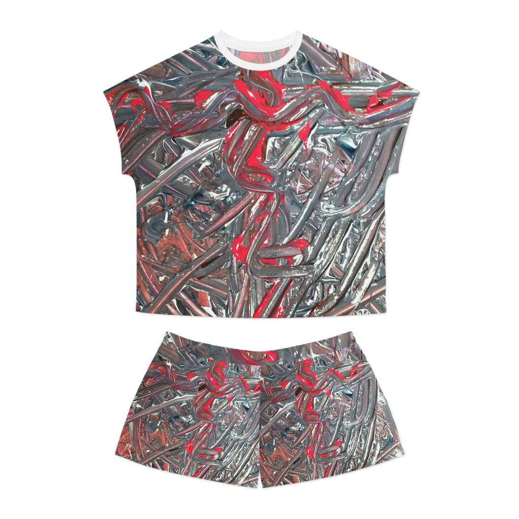 Short Pajama Set — Abstract Metallic Red & Silver All-Over Print