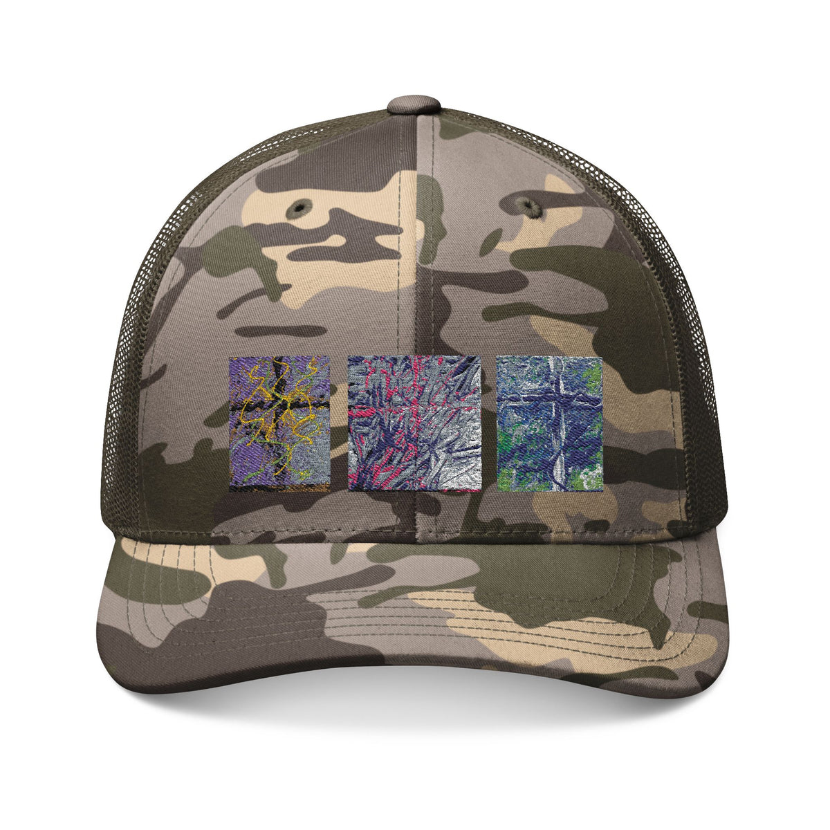 Camouflage Trucker Hat with Abstract Embroidered Squares - Camo Mesh Cap