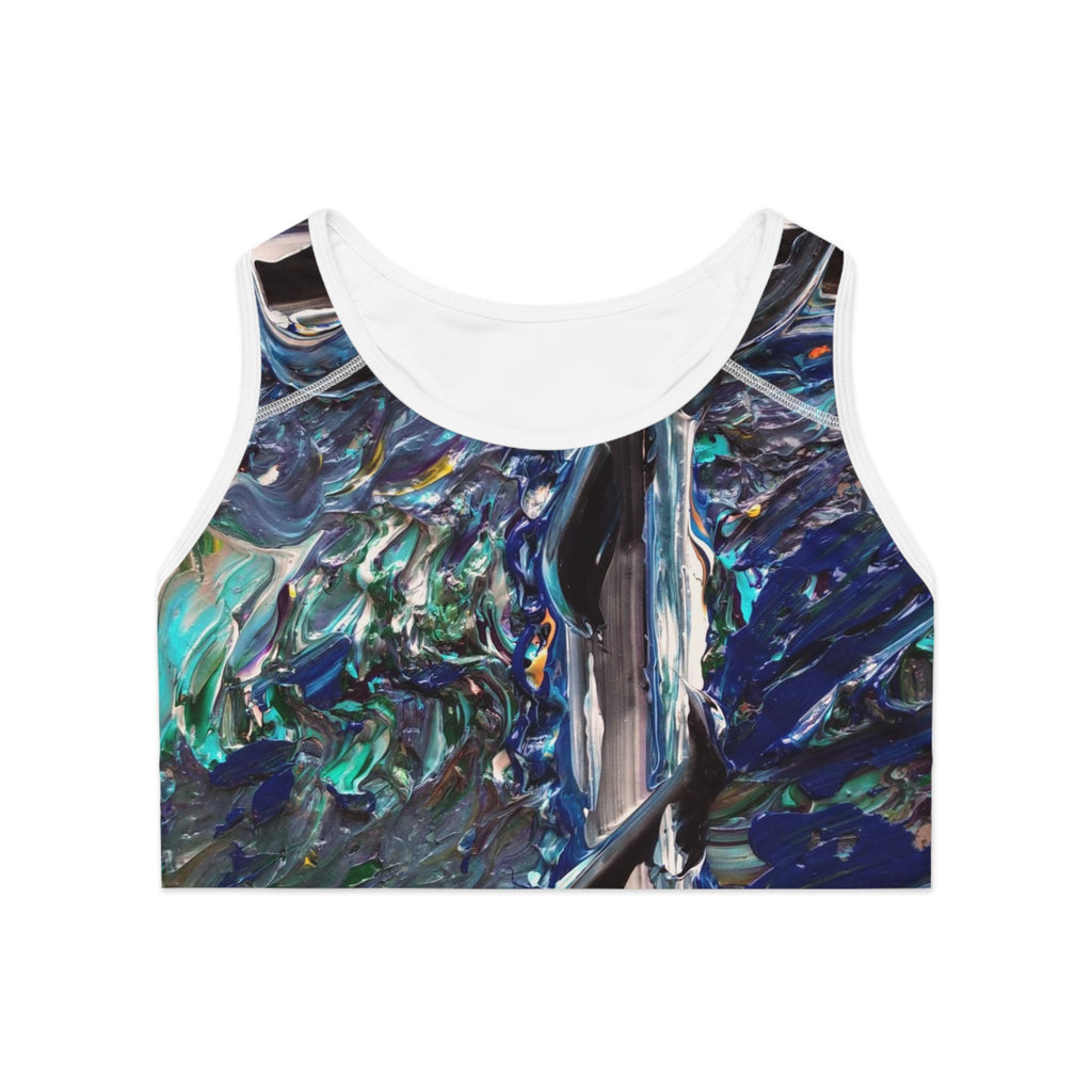 Abstract Ocean Paint Sports Bra — Blue Green Textured All-Over-Print Activewear