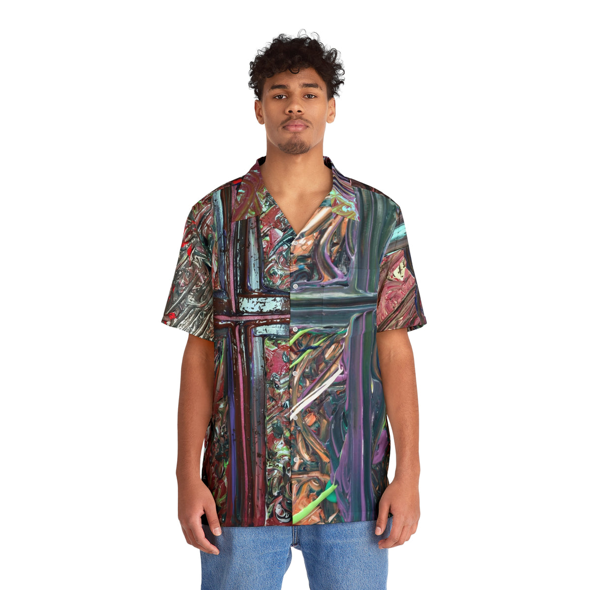 Abstract Cross Print Hawaiian Shirt — Bold Artistic AOP Button-Up for Men
