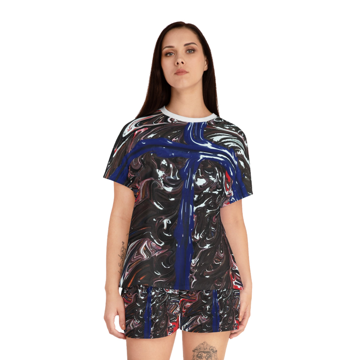 Women's Abstract Art Pajama Set — Blue Cross Swirl Print Shorts Set