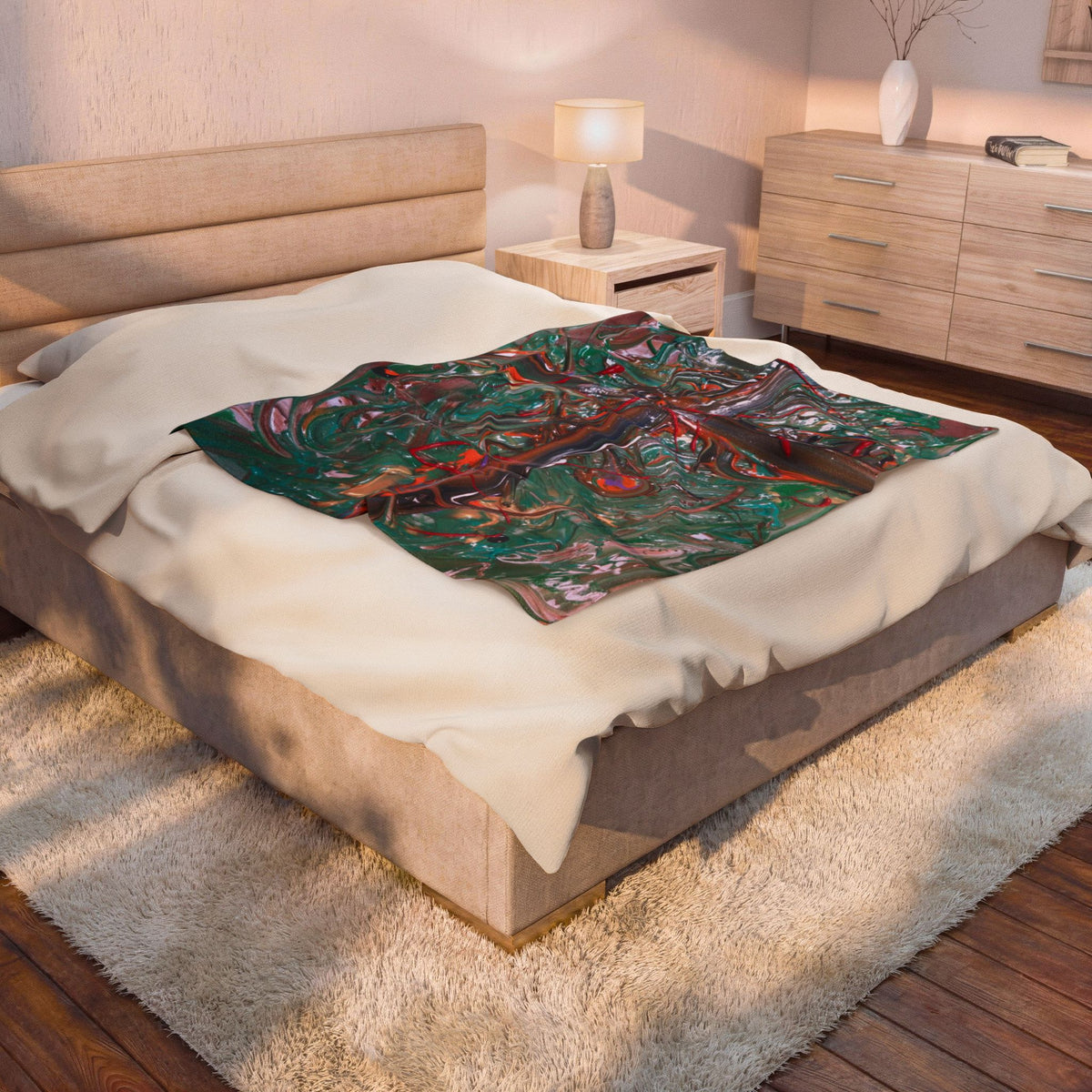 Abstract Forest Cross Velveteen Plush Blanket — Green Textured Art Throw